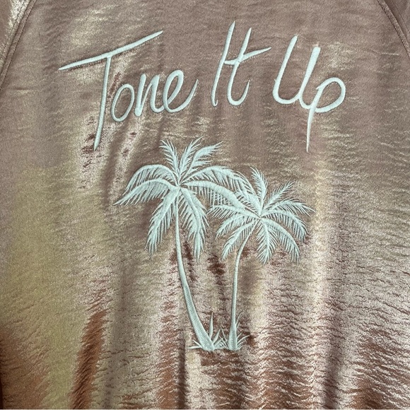 Tone It Up Pink Satin Bomber Jacket. Front Zip. Mob Wife. Palm trees. LARGE - Picture 6 of 16